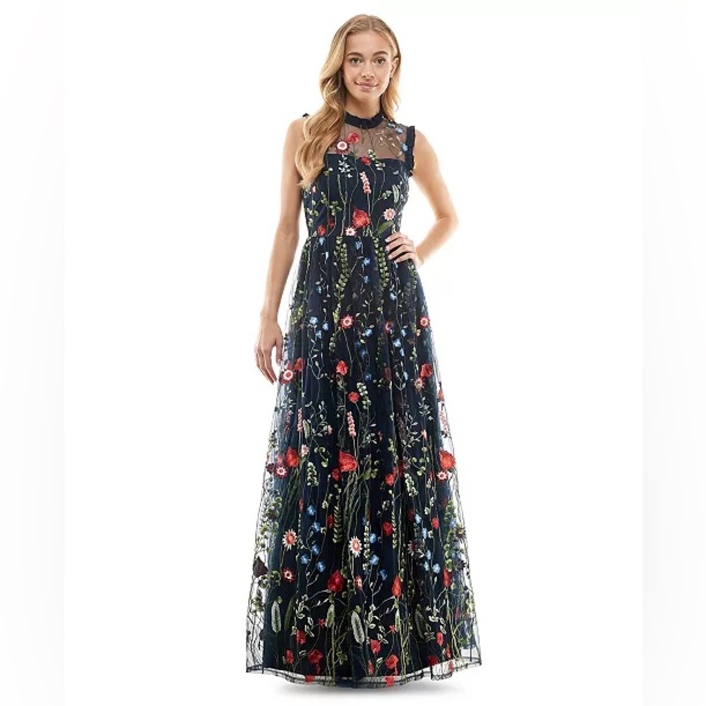 NWT CITY STUDIOS Juniors' Embroidered Mesh Ruffled Gown, dress blue size 3